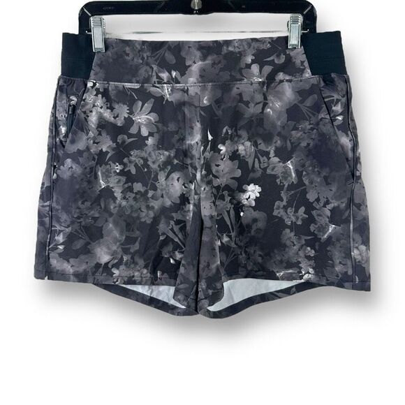 Athleta Womens 12 Brooklyn Printed Shorts Gray Black Floral Athletic Workout Gym - Picture 1 of 10